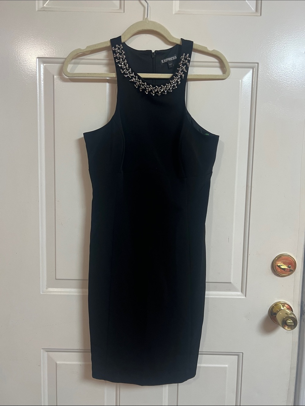 Express Black Midi Sheath Dress with Jeweled Neck